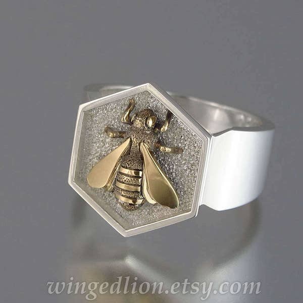 HONEY BEE mens sterling silver and 14k yellow gold unisex ring