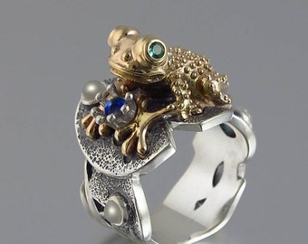 BEFORE THE KISS the Frog Prince ring in silver and 14k gold with emeralds moonstones and blue sapphire