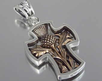 THISTLE CROSS silver and bronze pendant - Ready to Ship