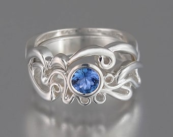 ODELIA 14K gold engagement ring & wedding band set with BlueSapphire Art Nouveau inspired