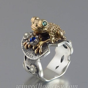 BEFORE THE KISS the Frog Prince ring in silver and 14k gold with emeralds moonstones and blue sapphire