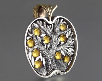 APPLE TREE silver and 14k gold pendant with Citrines - Tree of Life necklace