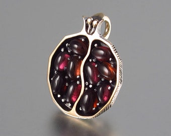 Small JUICY POMEGRANATE garnet bronze & silver pendant Ready to ship