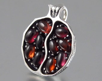 Small JUICY POMEGRANATE garnet silver pendant Ready to ship