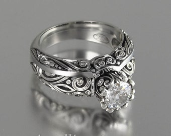 BEATRICE ring in 14K white gold with White Sapphires and matching wedding band engagement set