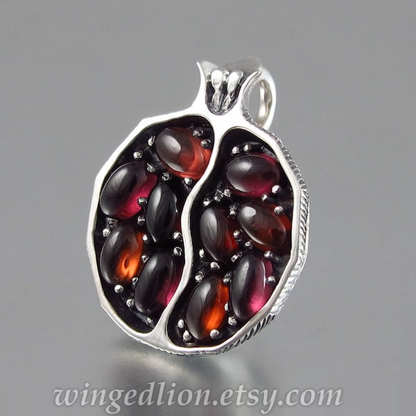 Small JUICY POMEGRANATE garnet silver pendant Ready to ship