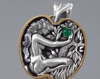 EVE's APPLE silver and bronze pendant with Emerald Ready to ship