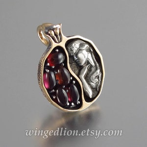 Small POMEGRANATE garnet bronze and silver pendant Ready to ship