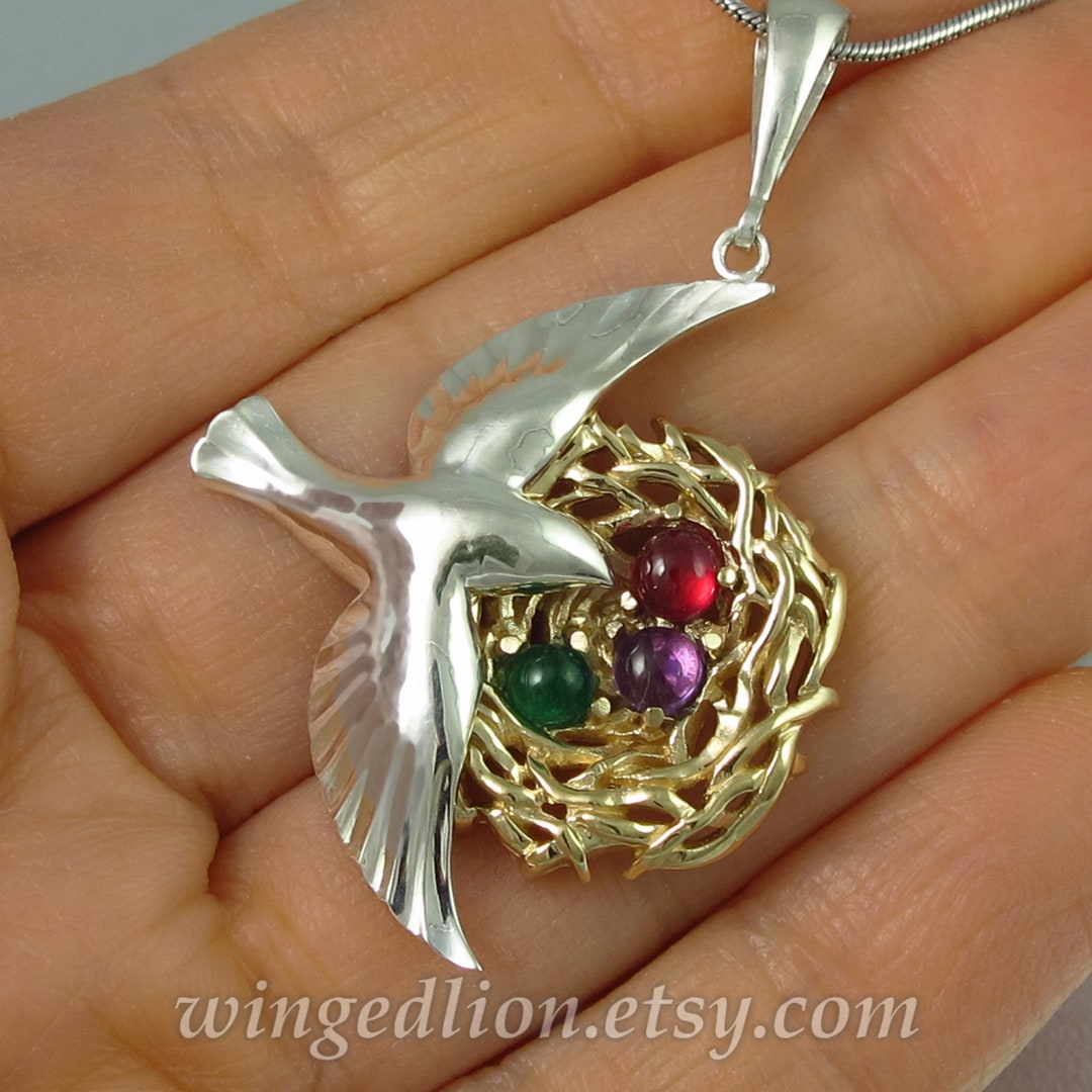 BIRD NEST 14k Gold and Silver Pendant With Birthstones Etsy