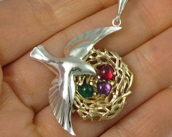 BIRD NEST 14k gold and silver pendant with birthstones