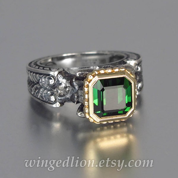 CARYATID ring with octagon Green Tourmaline in silver and 14k gold