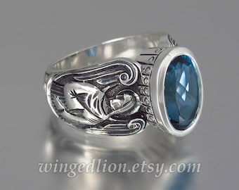 GUARDIAN ANGELS Mens silver ring with London Blue Topaz (sizes 8 to 14)