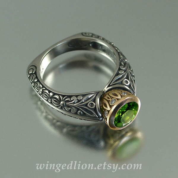 THE CROWNED COUNTESS engagement ring (sizes 4-7) in silver and 14k gold with Green Tourmaline
