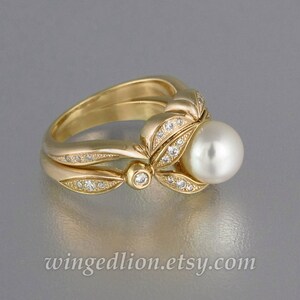 AURORA Engagement Pearl ring & wedding band 14k yellow gold with diamonds