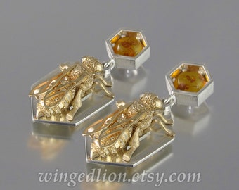 HONEY BEE silver and 14k gold pin earrings