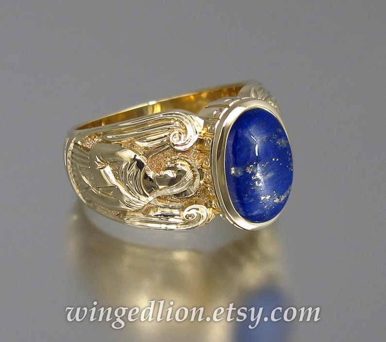 Guardian Angels Mens 14K yellow gold Ring with Lapis Lazuli sizes 8 to 14 image 1