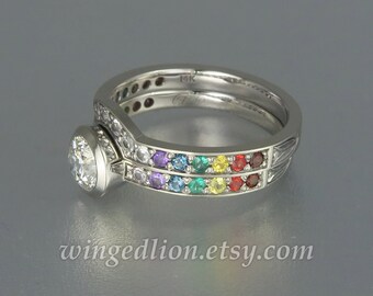 DAPHNE 14k white gold ring with Moissanite and rainbow gemstones