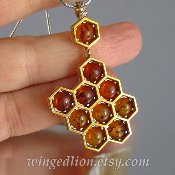HONEYCOMB bronze & silver pendant with amber and white sapphires - Ready to ship