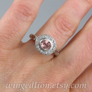 Engagement ring THE SECRET DELIGHT 14k gold Malaya Garnet & white sapphire halo image 5