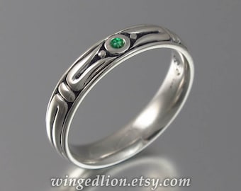 THE SECRET silver mens wedding band with Emerald