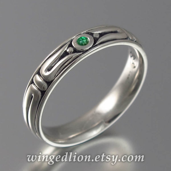 THE SECRET silver mens wedding band with Emerald