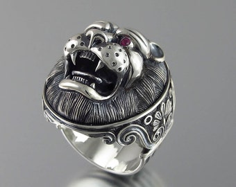 Anello Leone In Argento 925 Con Occhi Di Rubino &ndash; Massiccio Artigianale Uomo &ndash; Fatto In Turchia &ndash; Taglia 13