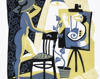 NUDE UNDER the LAMP linocut