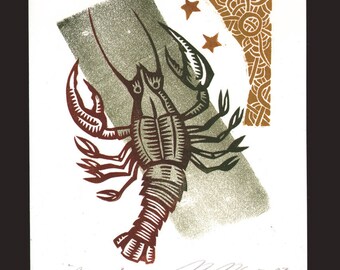 Zodiac Crab / Cancer Astrology linocut greeting card