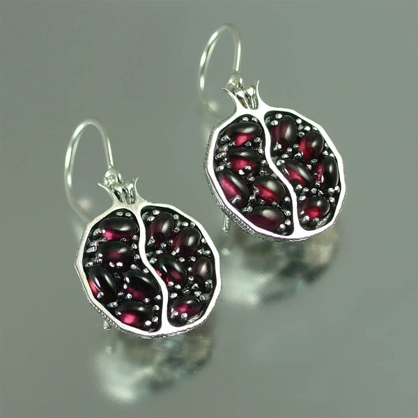 POMEGRANATE garnet silver earrings - Ready to ship