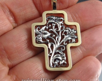 Floral Cross Art Nouveau 14K gold and silver with lilies
