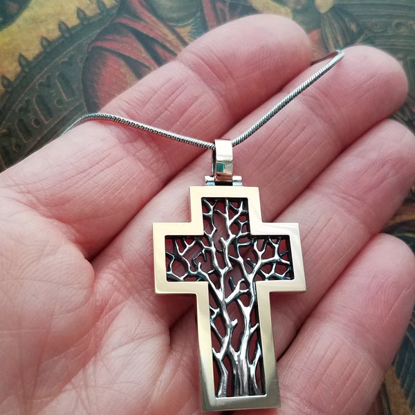 THE REVERED TREE Cross bronze and silver pendant