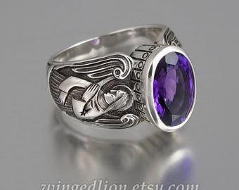 GUARDIAN ANGELS Mens silver ring with Amethyst (sizes 8 to 14) unisex band