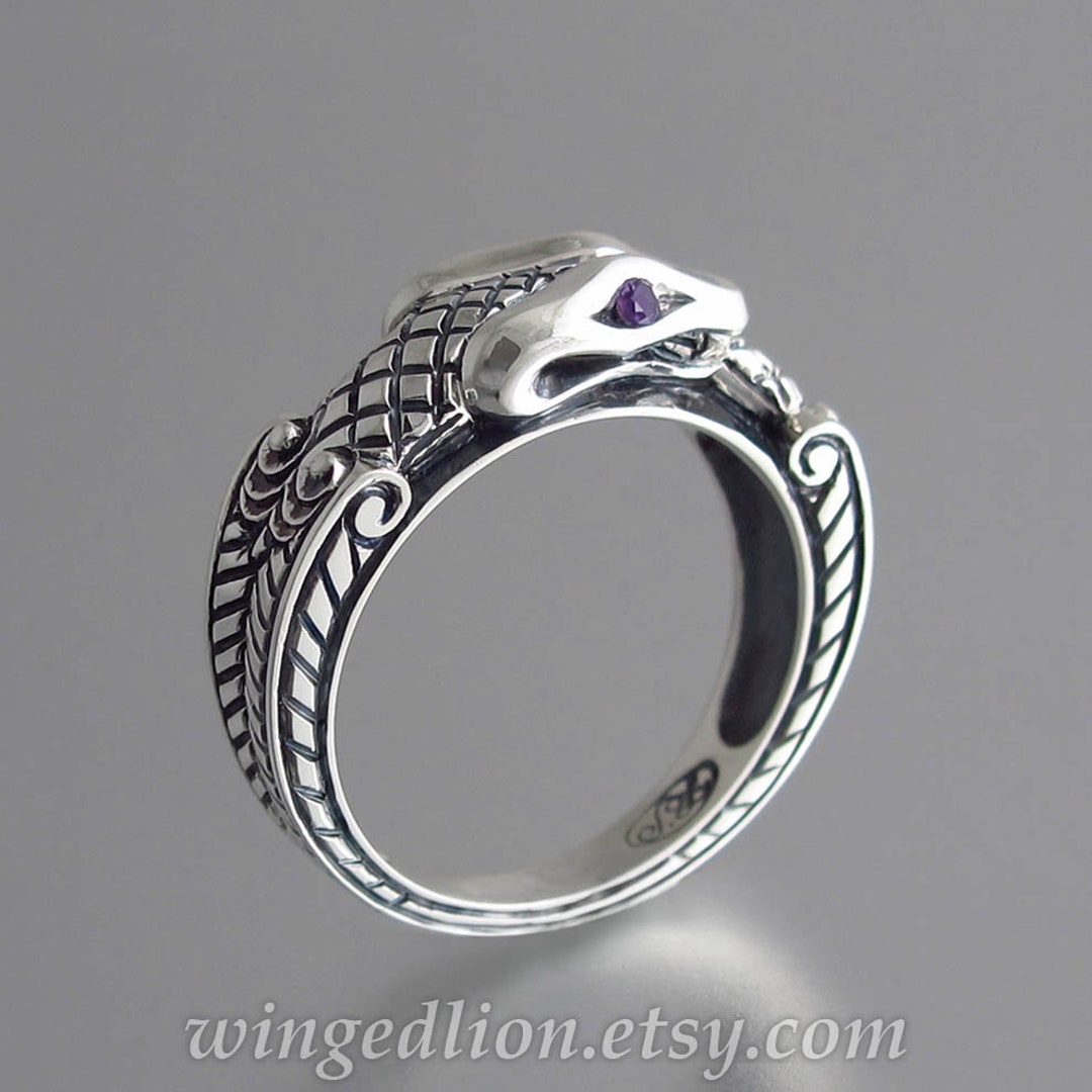 OUROBOROS Silver Mens Unisex Snake Ring With Amethyst Eyes - Etsy