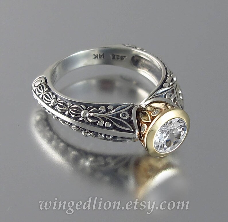 The CROWNED COUNTESS engagement ring in silver and 14k gold with White Sapphire and diamonds sizes 4 to 7 image 1