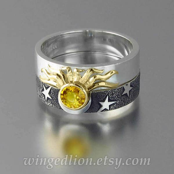 Sun and Moon ECLIPSE Engagement Ring & Wedding Band Set in 18K gold and silver with Yellow Sapphire