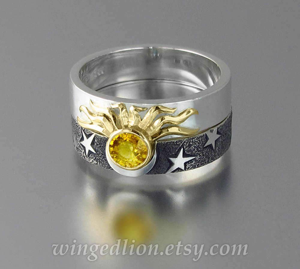 Engagement Ring & Wedding Band Set Sun and Moon ECLIPSE in