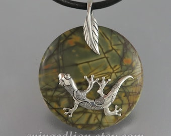 SALAMANDER silver green Picasso Jasper pendant Ready to ship