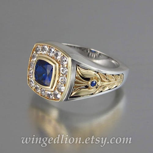 MEDICI 14k gold & silver mens unisex statement ring with Blue Sapphire