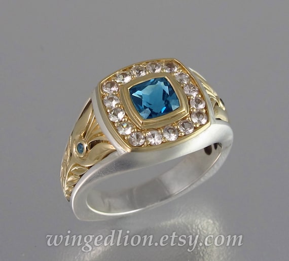 MEDICI 14k Gold Silver Mens Unisex Swiss Topaz Statement Ring