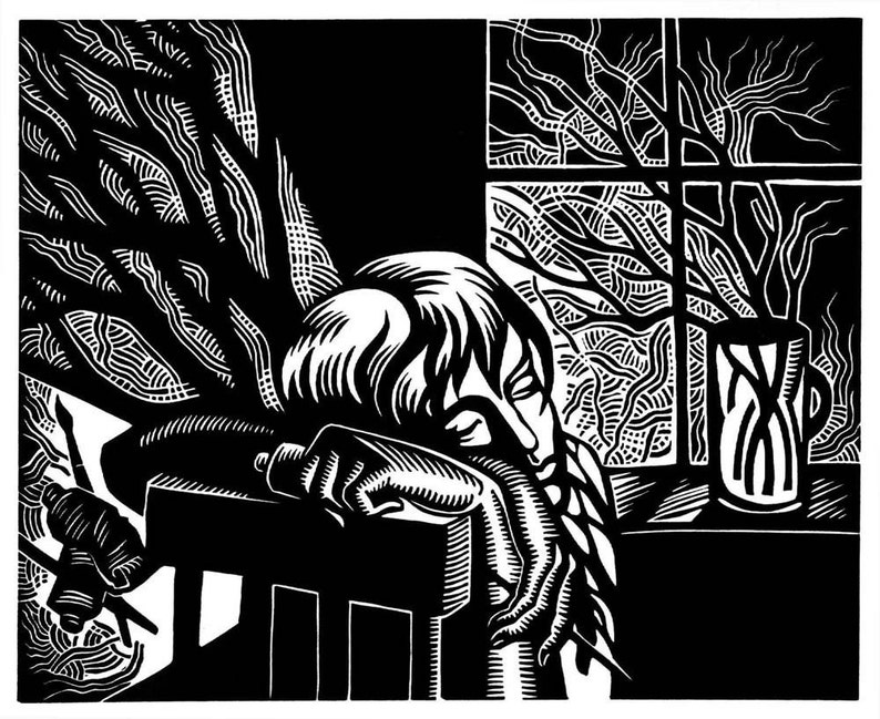 ASLEEP linocut image 1