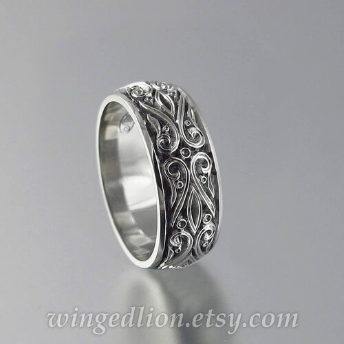 Gold wedding band for men, The PRINCE CHARMING 14k white gold band, engraved wedding band