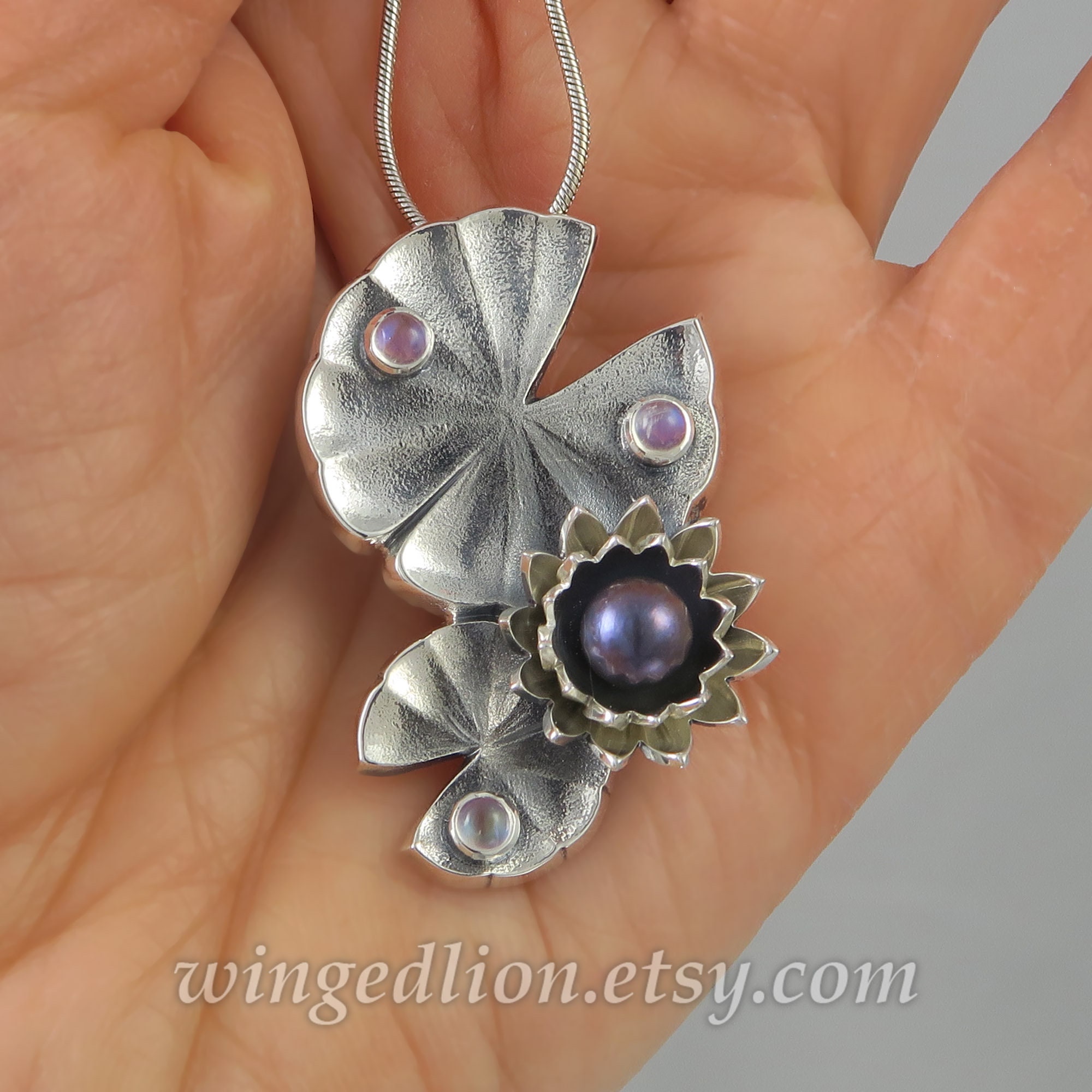Silver pearl pendant, LOTUS silver pendant with Black Pearl and moonstones, black pearl pendant
