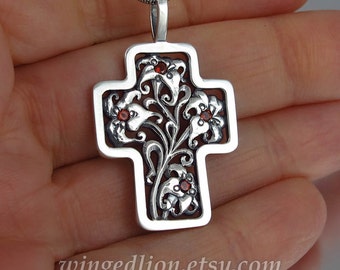 Floral Silver Cross Art Nouveau inspired with Garnet