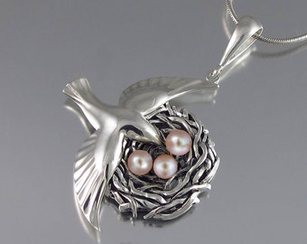 BIRD NEST sterling silver pendant with Pink Pearls