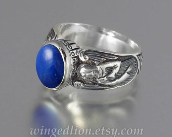 GUARDIAN ANGELS silver ring with Lapis (sizes 5 to 8.5)