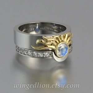 Sun and Moon ECLIPSE engagement and wedding ring set in silver & 18k gold with Moonstone and white sapphires