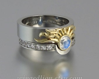 Sun and Moon ECLIPSE engagement and wedding ring set in silver & 18k gold with Moonstone and white sapphires