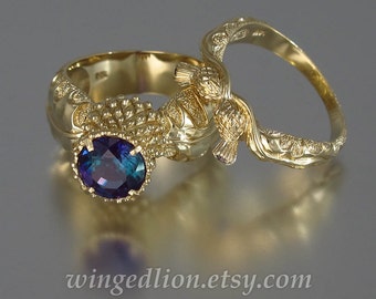 BLOOMING THISTLE 14k gold ring and band set with lab Alexandrites