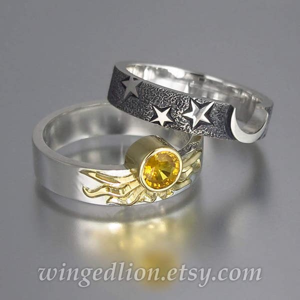 Sun and Moon ECLIPSE Engagement Ring and Wedding Band Set in 18K and 14K gold