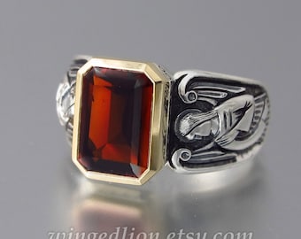 GUARDIAN ANGELS silver and 14K ring with emerald cut Garnet (sizes 5 to 8.5)